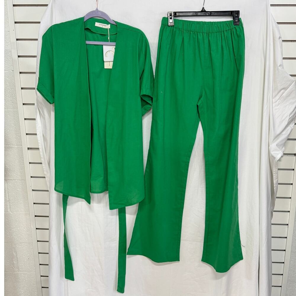 NWT Commense Oversized Belted Top &  Wide Leg Pants Set Green Women's Size S - Picture 3 of 5